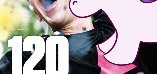 Ein Aktivist mit Act-up-Shirt, darüber der Filmtitel und unser QL-Einhorn mit regenbogenfarbener Mähne.