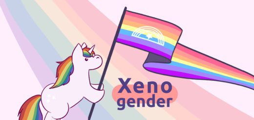 Unser Einhorn mit Regenbogenfarben-Schweif mit der Xenogender-Flagge.