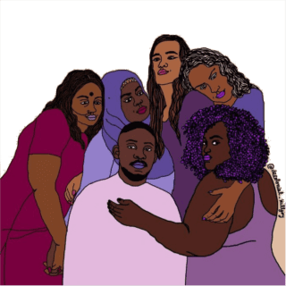 Illustration von @decolonial_killjoy: Sechs nicht-weiße Personen stehen in einer Gruppe zusammen und umarmen sich teilweise.
