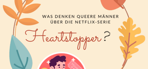 Ein Rahmen aus herbstlichen Illustrationen, unten eine gezeichnete Person, die mit Popcorn am Laptop sitzt. Text: "Was denken queere Männer über die Netflix-Serie Heartstopper?"