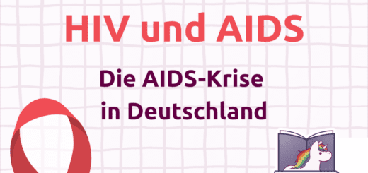 Rosa Hintergrund mit kleinen grauen Karos. Oben steht "Neuer Blogpost Teil 2", daunter "Die AIDS-Krise in Deutschland", darunter die rote AIDS-Schleife und das QL-Logo