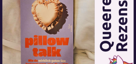 Photo vom Buchcover pillow talk mit Beschriftung auf der rechten Seite "Queere Rezension"